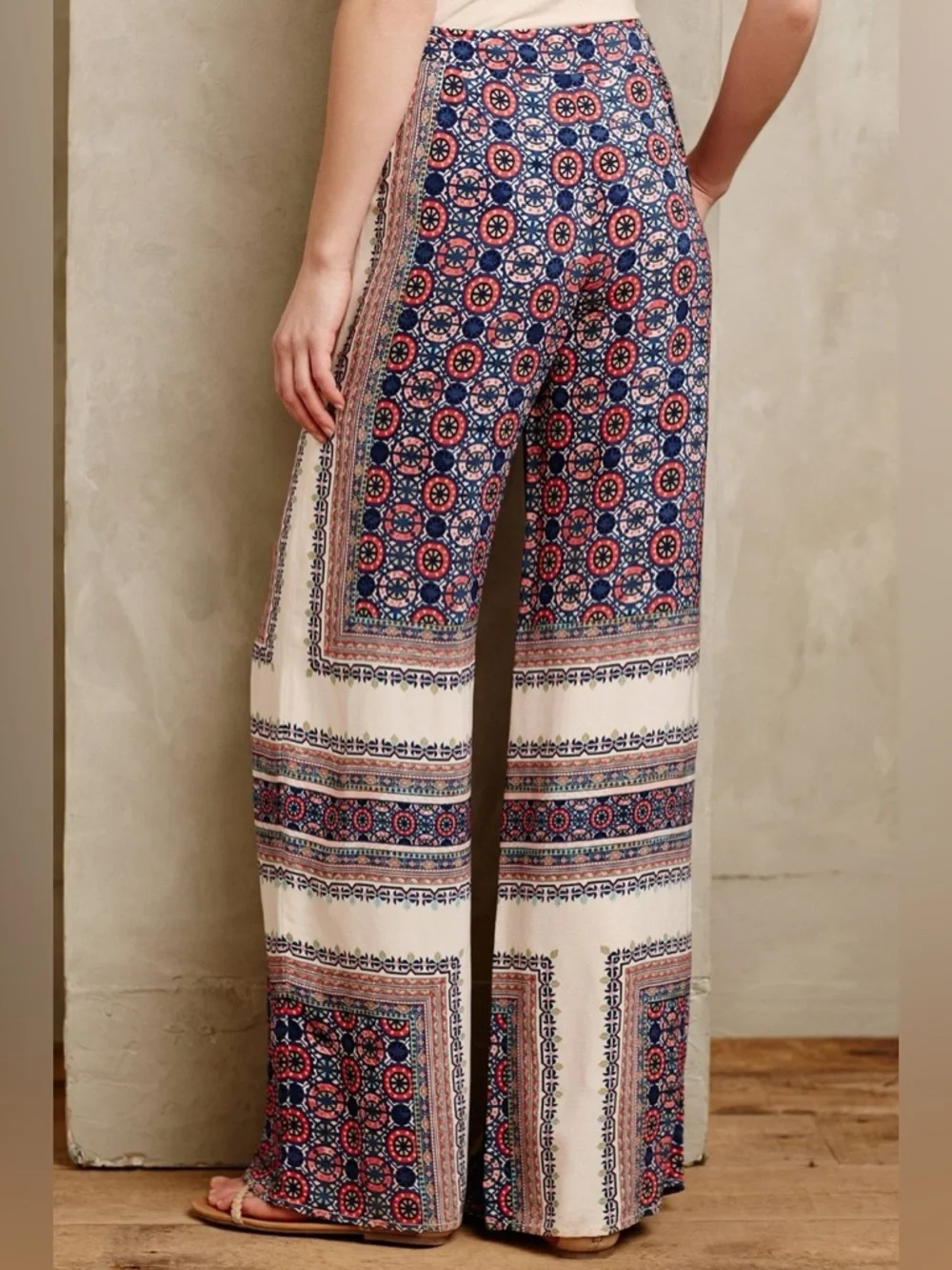 Anthropologie Elevenses Boho Scarf Print Palazzo Wide Leg Silk-Feel Pants 10 - Picture 2 of 11